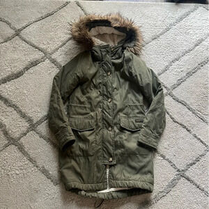 Abercrombie and Fitch green parka jacket fleece lined coat fur hood longer XS